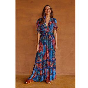 FARM RIO Blue Cool Leopard Ruffle Maxi Dress